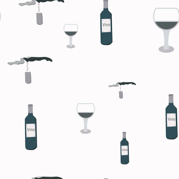 Ouvre-bouteilles, bouteilles de vin et verres à vin sur fond gris motif sans couture — Image vectorielle