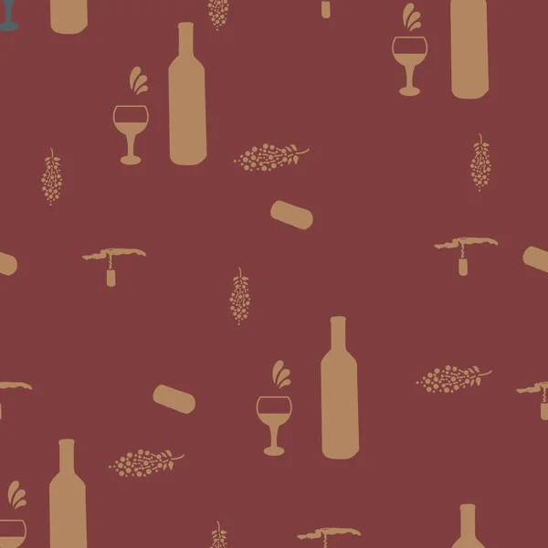 Tire-bouchons et bouteilles de vin silhouette beige sur fond marron motif sans couture — Image vectorielle