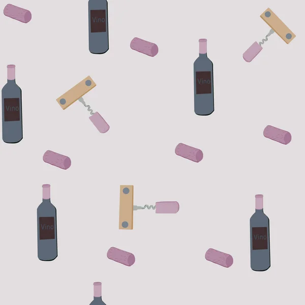 Tire-bouchons et bouteilles de vin sur fond bleu clair motif sans couture — Image vectorielle