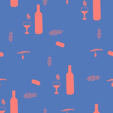 Corkscrews ve şarap şişeleri mavi arka plan dikişsiz desen pembe siluet