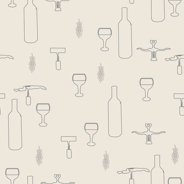 Bouteilles de vin et verres à vin silhouette noire sur fond rose motif sans couture — Image vectorielle