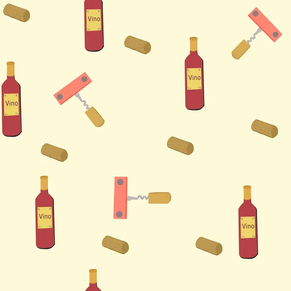 Tire-bouchons et bouteilles de vin dessinés à la main sur fond crème motif sans couture — Image vectorielle