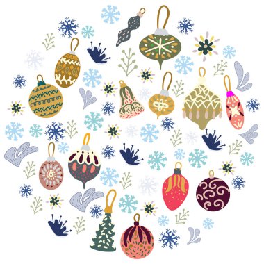 Beyaz arka plan üzerinde yuvarlak şeklinde Noel ağacı süslemeleri