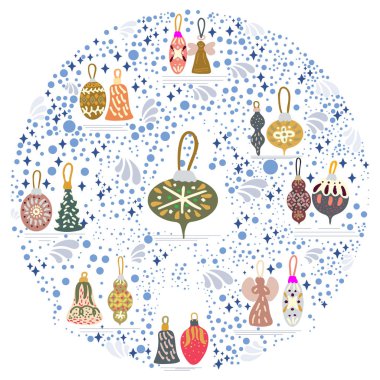 Beyaz arka plan üzerinde Noel ağacı süslemeleri ile Circle
