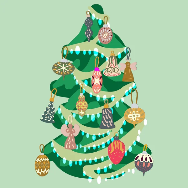 Krásný zdobený vánoční stromek s hračkami a světly na zelené pozadí — Stockový vektor