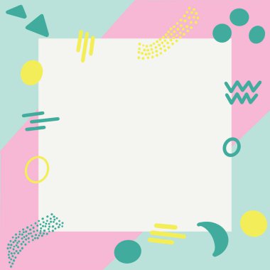 Pembe ve sarı geometrik şekiller, turkuaz arka plan üzerinde nokta. Ortada beyaz kare çerçeve