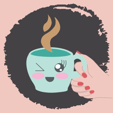 Dokulu arka planda kawaii gülümseme ile kahve kadın el tutma fincan