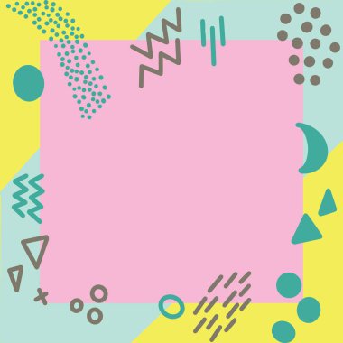 Turkuaz ve sarı geometrik şekiller arka plan. Ortada pembe kare çerçeve.