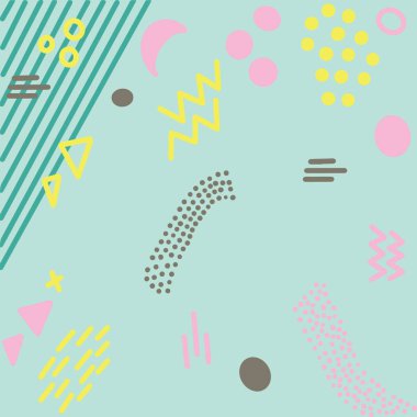 Pembe ve sarı geometrik şekiller, turkuaz arka plan üzerinde nokta