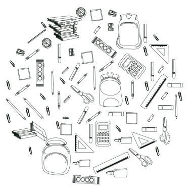 Sırt çantası, boyalar, boya kalemleri, kalemler ve beyaz arka plan üzerinde yuvarlak şeklinde okul malzemeleri anahat simgeleri. 