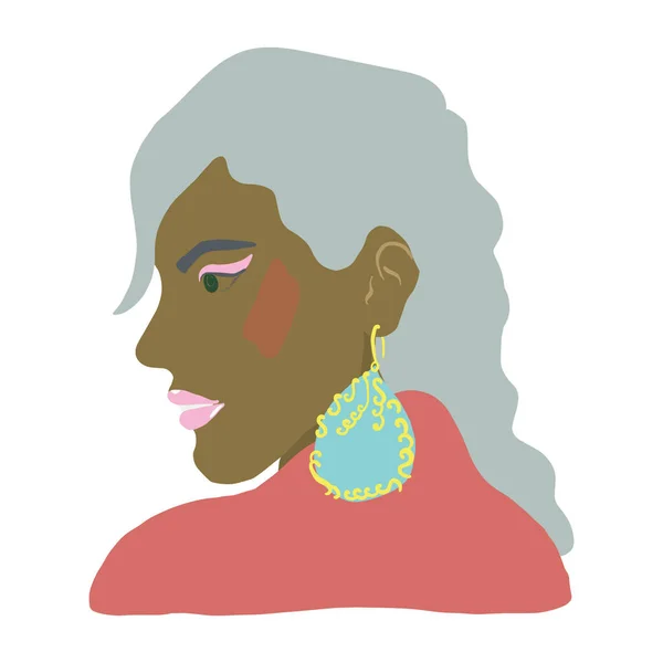 Schöne schwarze Frau mit großen türkisfarbenen Ohrringen. — Stockvektor