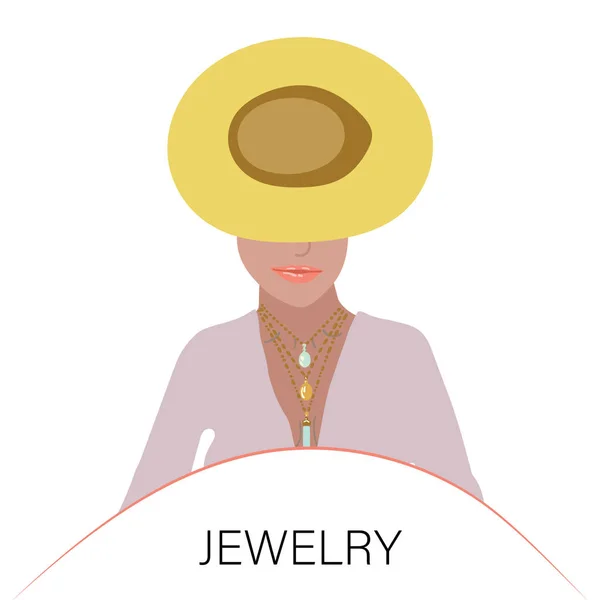 Woman bright lips wearing hat trendy jewelry — Stock Vector