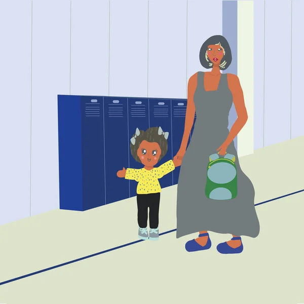 Moeder dochter wandelen in de hal van de school. — Stockvector