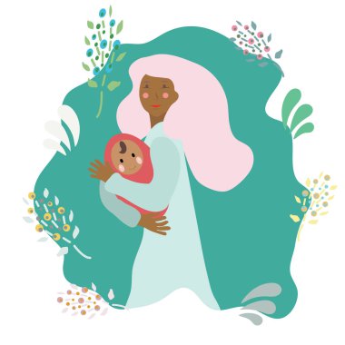 Yeni doğmuş bebek ile mutlu gülümseyen kadın anne