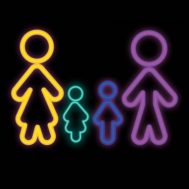 Çocuklarla parlak neon aile simgesi