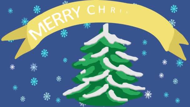 圣诞树动画 与消息圣诞快乐在蓝色背景 圣诞树与包巴布动画 横幅与出现的消息圣诞快乐 — 图库视频影像