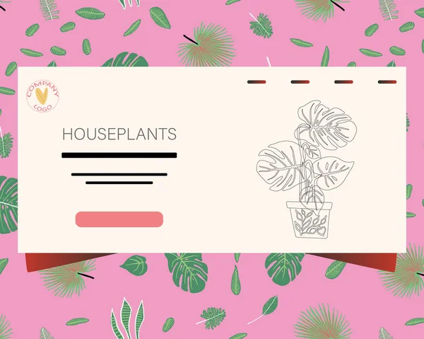 Página de aterrizaje con hojas tropicales patrón fondo y nota plantas de interior . — Vector de stock