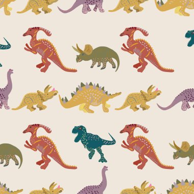 Renkli dinozorlar bej arka plan üzerinde dikişsiz desen