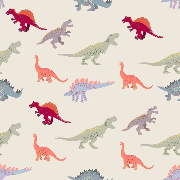 Цветные динозавры бесшовный рисунок на светло-бежевом фоне — стоковый вектор
