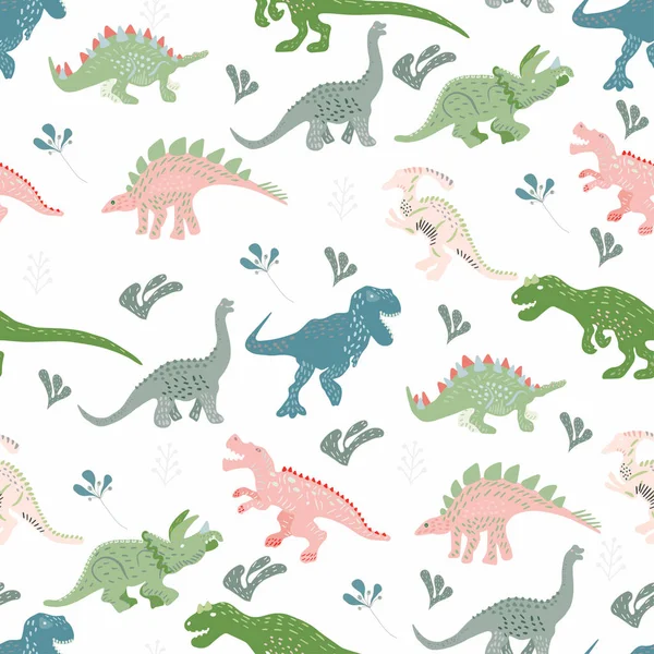 Azul, rosa e verde dinossauros sem costura padrão — Vetor de Stock