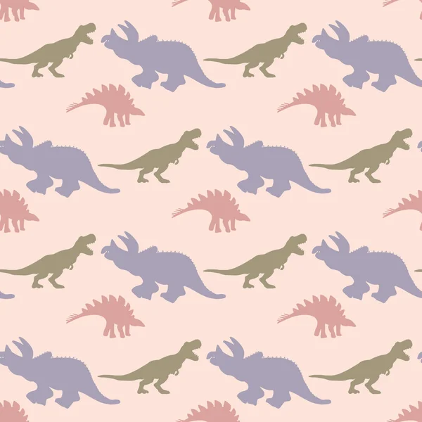 Pastellfarbene Dinosaurier Silhouette nahtloses Muster auf rosa Hintergrund — Stockvektor