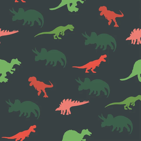 Farbenfroher Kontrast Dinosaurier Silhouette nahtloses Muster auf grünem Hintergrund — Stockvektor