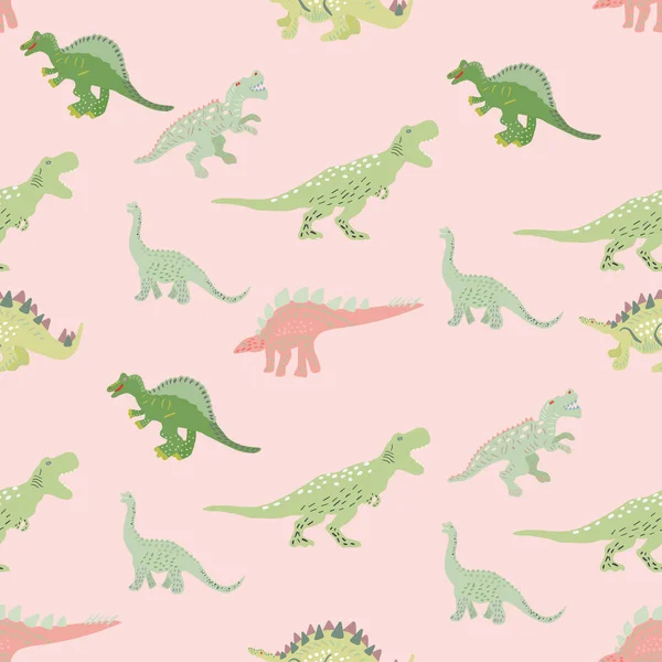 Grüne Dinosaurier nahtloses Muster auf rosa Hintergrund — Stockvektor