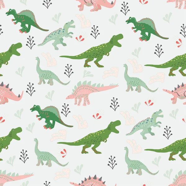 Dinossauros rosa e verde desenhados à mão padrão sem costura — Vetor de Stock