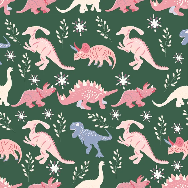 Rosa Dinosaurier handgezeichnet nahtlose Muster auf grünem Hintergrund — Stockvektor