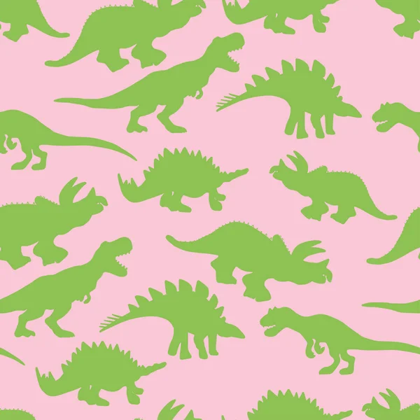 Силуэт динозавров зеленого цвета бесшовный узор на розовом фоне — стоковый вектор