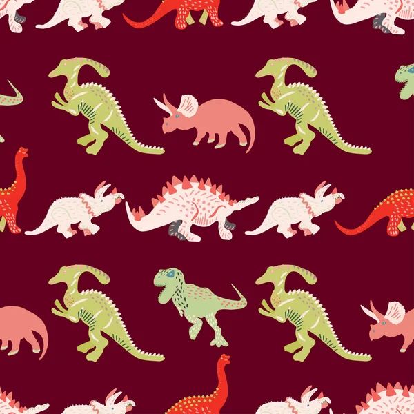 Farbenfrohe Dinosaurier mit nahtlosem Muster auf braunem Hintergrund — Stockvektor