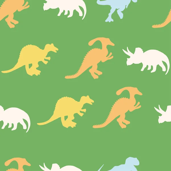 Pastellfarben Dinosaurier Silhouette nahtloses Muster auf hellgrünem Hintergrund — Stockvektor