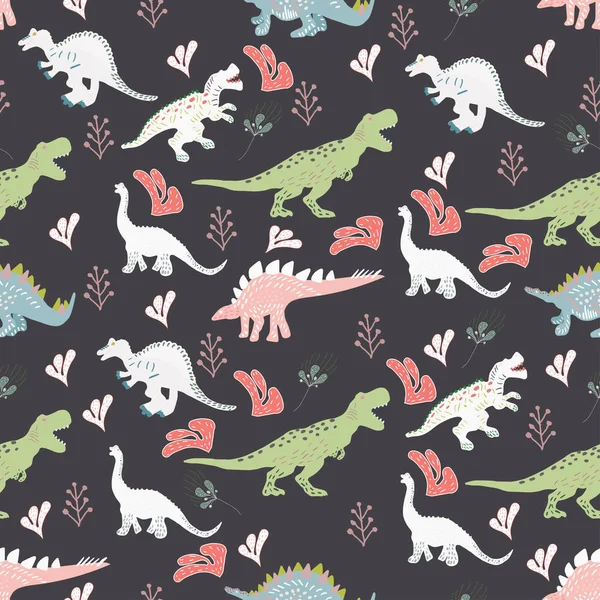 Dinosaurier niedliche Hand gezeichnet nahtlose Muster mit rosa Blättern — Stockvektor