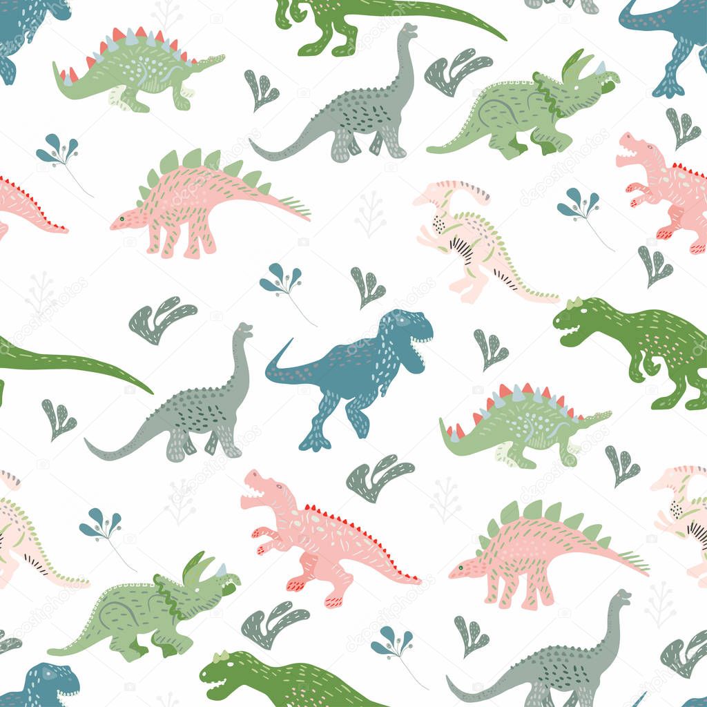 Blue, pink and green dinosaurs seamless  pattern 
