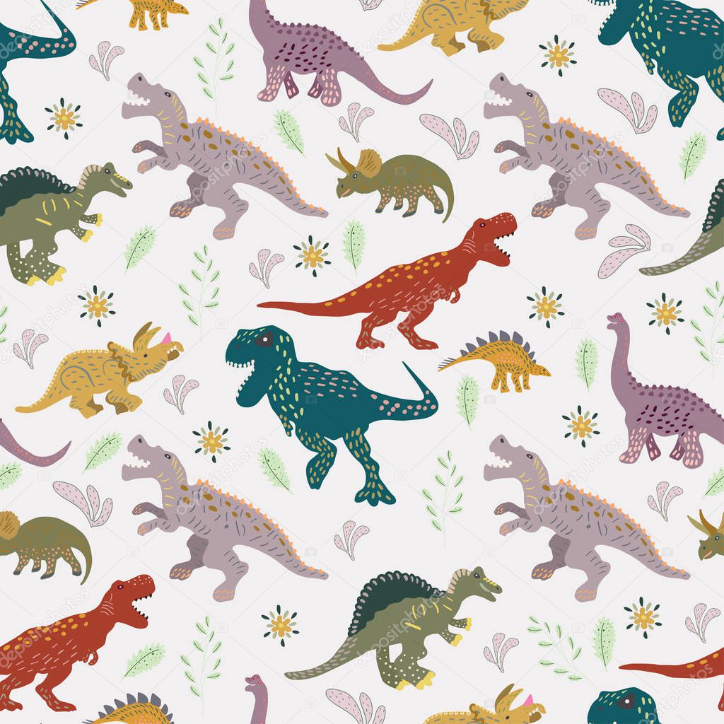 Dinosaurs cute hand drawn seamless pattern. 