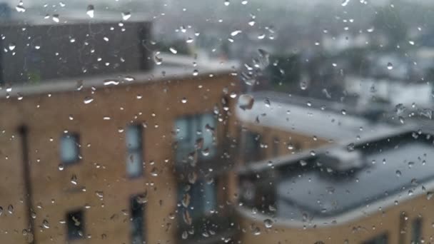 Día Lluvioso Una Ciudad Gotas Agua Ventana Verano Fuerte Lluvia — Vídeos de Stock