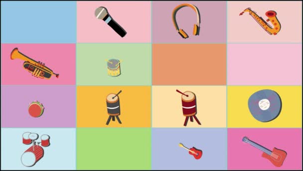 Animowany Klip Tle Instrumentami Muzycznymi Ręcznie Rysowane Ikony Instrumentów Muzycznych — Wideo stockowe