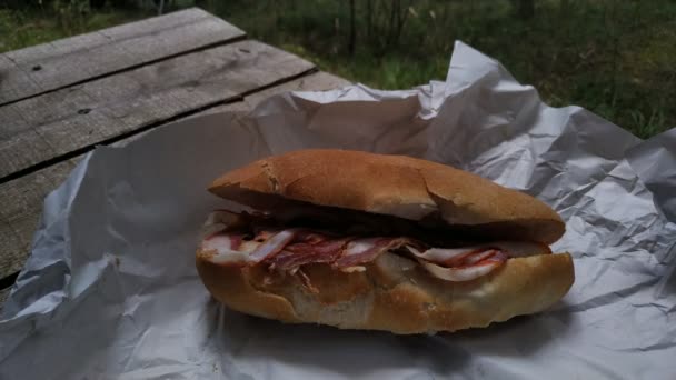 木桌上的美味香肠白面包三明治 用纸包裹的白面包填充肉 — 图库视频影像