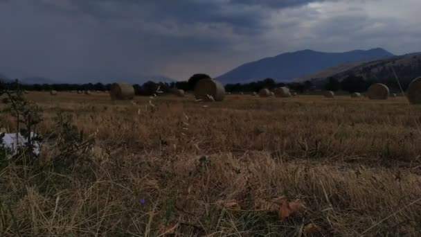 干し草のベールと農場の上に美しい夕日と農場 屋外映像 — ストック動画