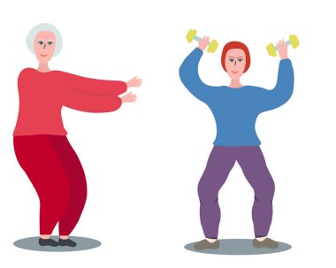 Yaşlı kadın dambıl ile spor salonunda egzersiz.