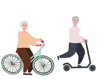 Mutlu yaşlı çift bir tekme scooter ve bisiklet sürme.