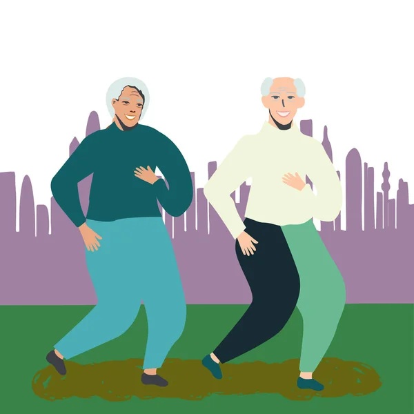 Old couple running in city park.