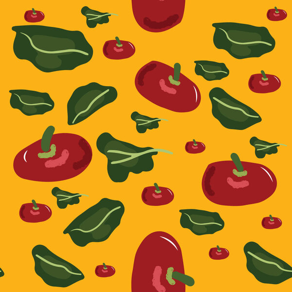 Бесшовный красочный узор с помидорами и листьями салата
.