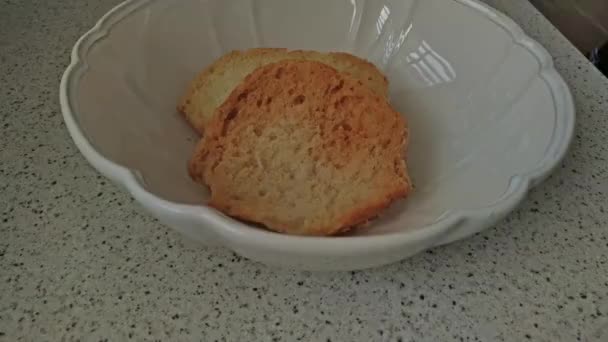 Female Hands Breaking Soaked Water Bread White Bowl Preparing Italian — Stock Video