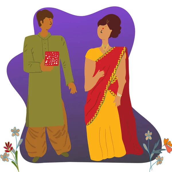 Paar met Diwali geschenken op wit. — Stockvector