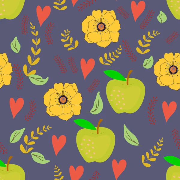 青の緑のリンゴと黄色の花シームレスなパターン. — ストックベクタ