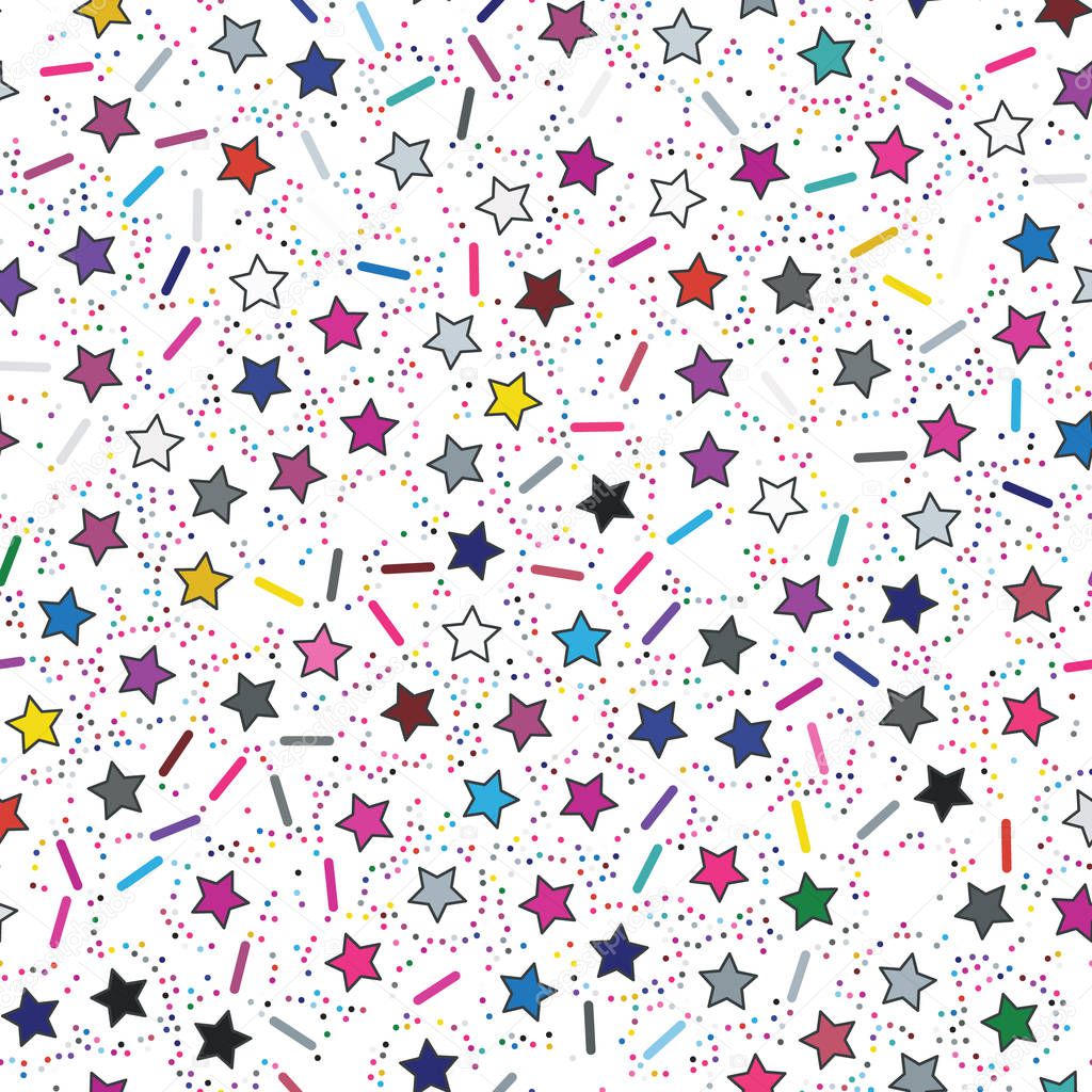 Simple star, lines and dots seamless pattern on white background.