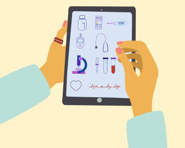 Ekranda tıbbi simgeler olan mobil cihazları tutan eller.