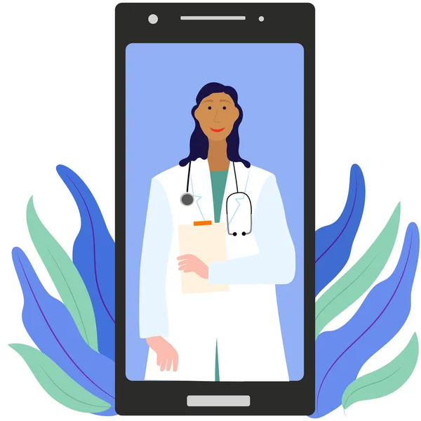 Femme médecin sur appareil mobile pour la conception de consultation en ligne . — Image vectorielle