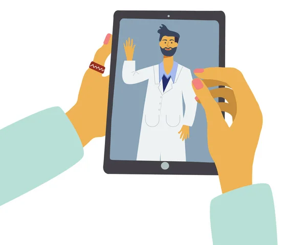 Mains tenant un appareil mobile avec un médecin virtuel . — Image vectorielle